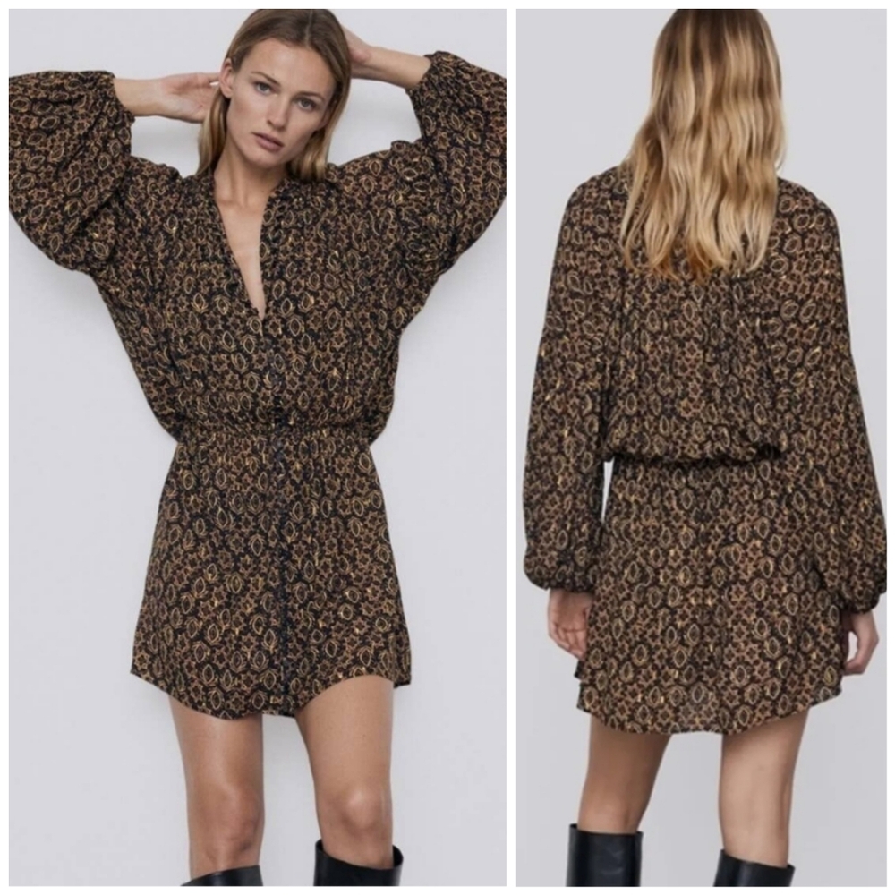 Zara Button Front Patterned Gold Black Dress, M - image 5